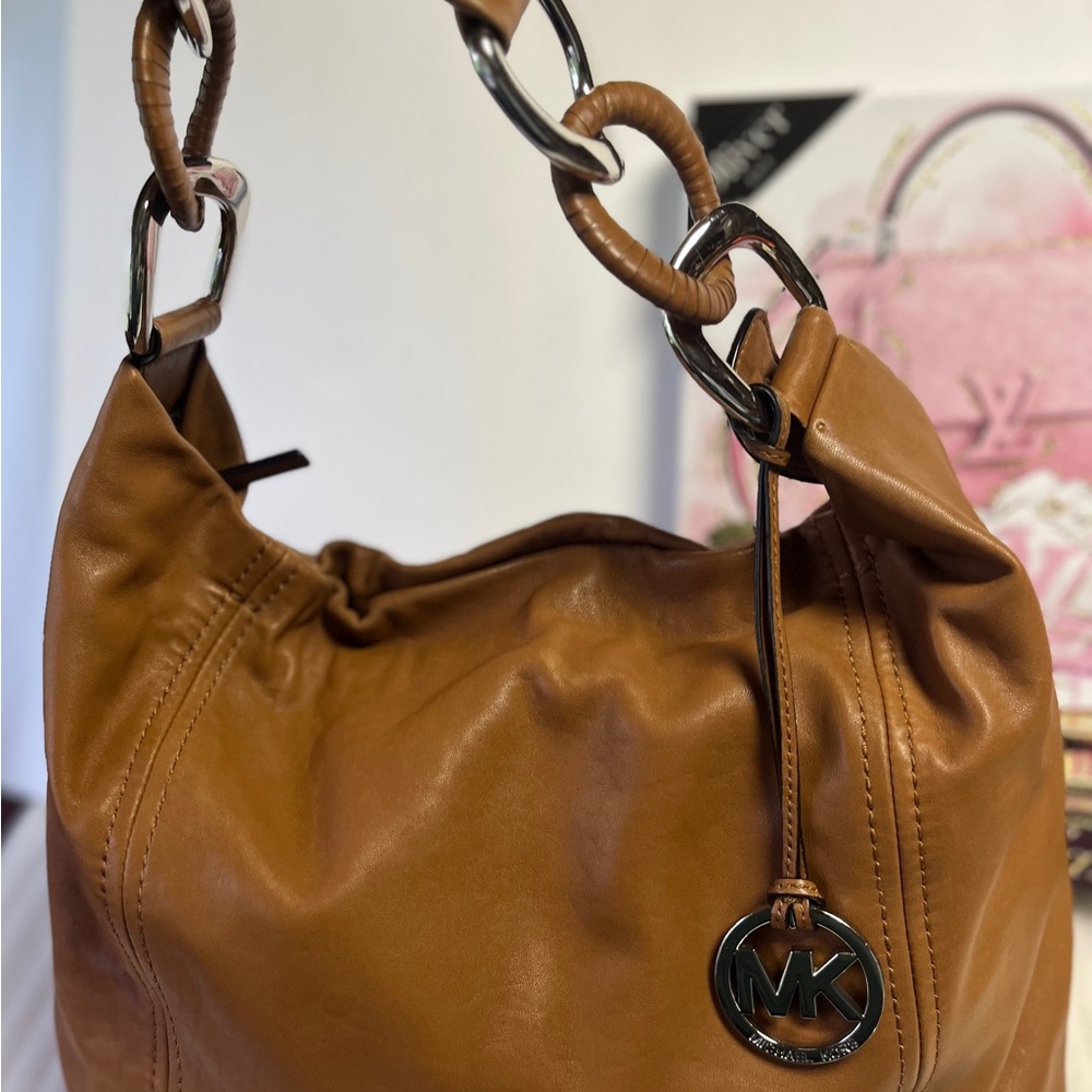 Michael Kors Leather Hobo Bag MK brown Silver Metal Accents Buttery soft Leather